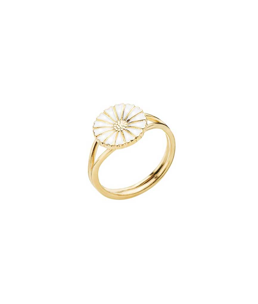 Marguerit ring 11mm 24kt forgyldt hvid emalje