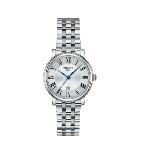 Tissot - Carson Premium Lady – Urets vandtæthed 5ATM / 50 meter. Uret har safir glas, stålurkasse, stål lænke og hvid urskive. 