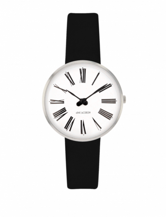 Arne Jacobsen ur – Roman – Urets vandtæthed 3ATM / 30 meter. Uret har hærdet mineralglas, stålurkasse, læder rem og hvid urskive. 3 atm og 30mm.