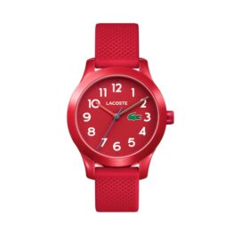 Lacoste Junior børneur – 2030004 –  Quartz ur og vandbeskyttet til 5 ATM. Uret har mineralglas, en urkasse i plastik, rød urskive med hvid tal, rød silikonerem og måler 32mm i diameter.