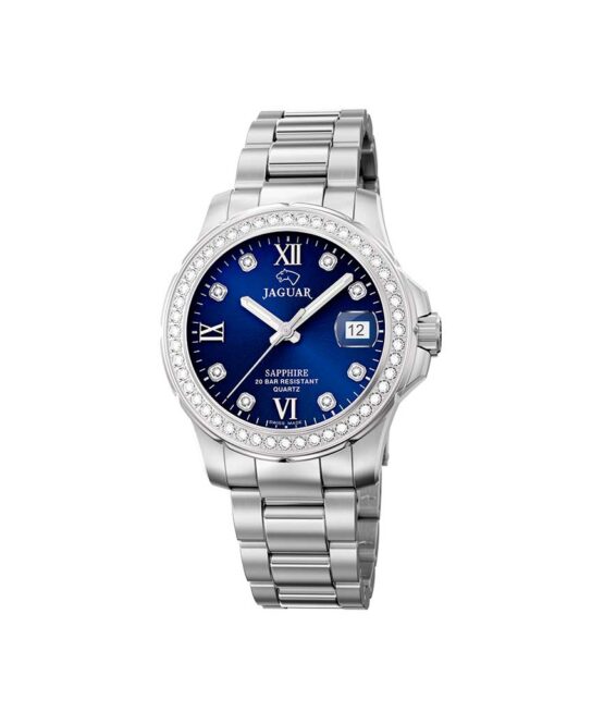 Jaguar Executive Diver – J892/3 –  Quartz ur og vandtæt til 20 ATM. Uret har safirglas, en urkasse i rustfrit stål, blå urskive, stål lænke og måler 35mm i diameter.