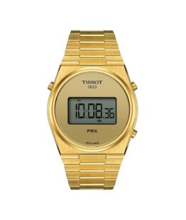 Tissot PRX DIGITAL T137.463.33.020.00. Digital ur med en vandtæthed på 10 ATM/ 100 meter. Uret har safirglas, en urkasse og lænke i rustfrit stål/gul PVD coating, og guld farvet urskive. Uret måler 40mm i diameter.