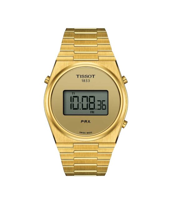 Tissot PRX DIGITAL T137.463.33.020.00. Digital ur med en vandtæthed på 10 ATM/ 100 meter. Uret har safirglas, en urkasse og lænke i rustfrit stål/gul PVD coating, og guld farvet urskive. Uret måler 40mm i diameter.