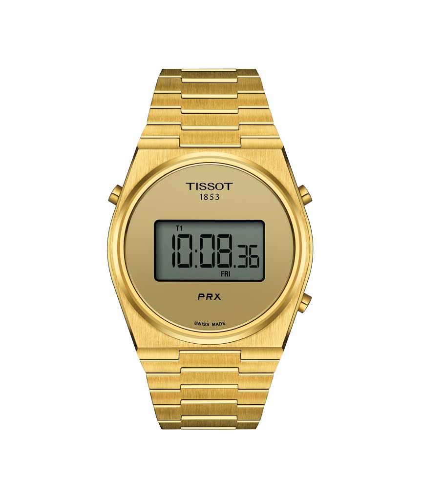 Tissot PRX DIGITAL T137.463.33.020.00. Digital ur med en vandtæthed på 10 ATM/ 100 meter. Uret har safirglas, en urkasse og lænke i rustfrit stål/gul PVD coating, og guld farvet urskive. Uret måler 40mm i diameter.