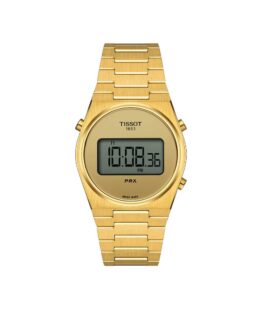 Tissot PRX DIGITAL T137.263.33.020.00. Digital ur med en vandtæthed på 10 ATM/ 100 meter. Uret har safirglas, en urkasse og lænke i rustfrit stål/gul PVD coating, og guld farvet urskive. Uret måler 35mm i diameter.