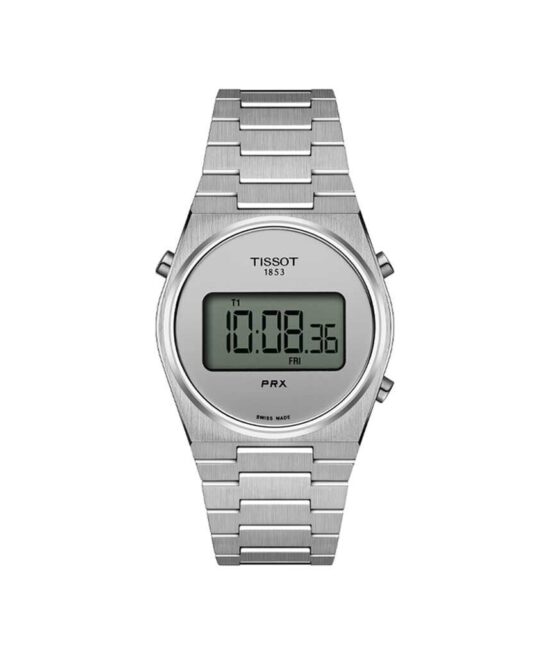 Tissot PRX DIGITAL – T137.263.11.030.00. Digital ur med en vandtæthed på 10 ATM/ 100 meter. Uret har safirglas, en urkasse og lænke i rustfrit stål, og sølv farvet urskive. Uret måler 35mm i diameter.