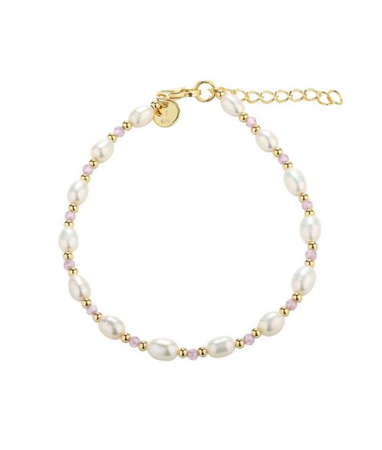 Aqua Dulce Coast– 5326 – Armbånd i 14kt. forgyldt sølv med hvide ferskvandsperler, rosa perler & små forgyldte sølv kulger. Længde: 17+3cm.