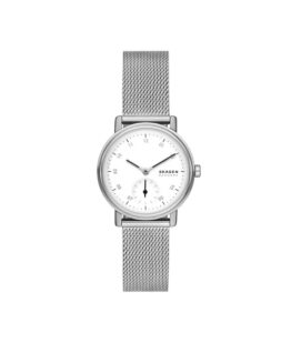 Quartz ur og vandbeskyttet til 3 ATM. Uret har mineral glas, en urkasse og mesh lænke i rustfrit stål, og hvid urskive. Uret måler 32mm i diameter.