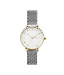 Quartz ur og vandbeskyttet til 3 ATM. Uret har mineral glas, en urkasse i rustfrit stål/gul PVD coating, sølv farvet urskive og mesh lænke i rustfrit stål. Uret måler 36mm i diameter.