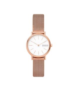 Quartz ur og vandbeskyttet til 3 ATM. Uret har mineral glas, en urkasse og mesh lænke i rustfrit stål/rosa guld PVD coating og hvid urskive. Uret måler 30mm i diameter.
