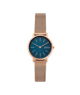Quartz ur og vandbeskyttet til 3 ATM. Uret har mineral glas, en urkasse og mesh lænke i rustfrit stål/rosa guld PVD coating og blå urskive. Uret måler 30mm i diameter.