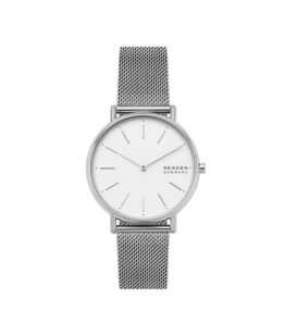 Quartz ur og vandbeskyttet til 3 ATM. Uret har mineral glas, en urkasse og mesh lænke i rustfrit stål, og hvid urskive. Uret måler 38mm i diameter.
