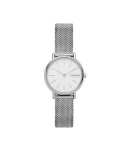 Quartz ur og vandbeskyttet til 3 ATM. Uret har mineral glas, en urkasse og mesh lænke i rustfrit stål, og hvid urskive. Uret måler 30mm i diameter.