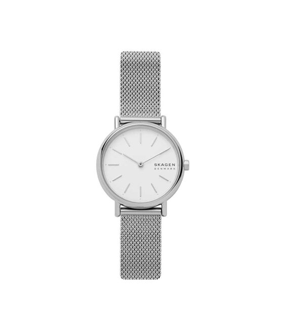 Quartz ur og vandbeskyttet til 3 ATM. Uret har mineral glas, en urkasse og mesh lænke i rustfrit stål, og hvid urskive. Uret måler 30mm i diameter.