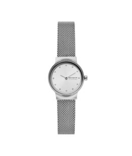Quartz ur og vandbeskyttet til 3 ATM. Uret har mineral glas, en urkasse og mesh lænke i rustfrit stål og sølv farvet urskive med små sten. Uret måler 26mm i diameter.